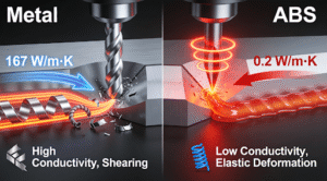 3D infographic comparing the core physics of metal cutting (high heat conduction, shearing) with plastic cutting (heat accumulation, elastic deformation), visually explaining why different strategies are required.
