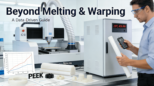 An engineer in a controlled lab environment holds pre-dried Nylon stock, with ABS thermal data, a warped prototype, and a PEEK sample on the workbench, illustrating a scientific approach to plastic CNC machining challenges.