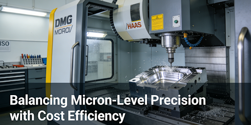 A modern 5-axis CNC machining center from DMG MORI machining a complex aluminum aerospace component in a clean, professional machine shop.