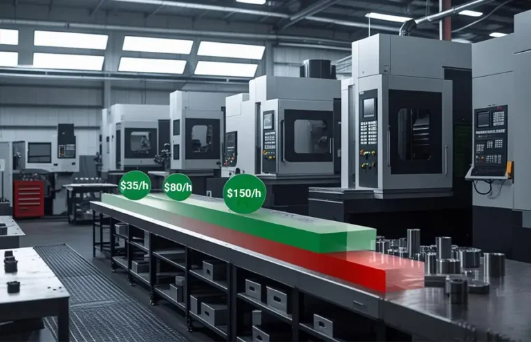 A professional team discusses supplier selection in a modern manufacturing office, with a holographic chart comparing common challenges like delivery delays against LS Manufacturing`s solutions like certified processes and seamless workflow.