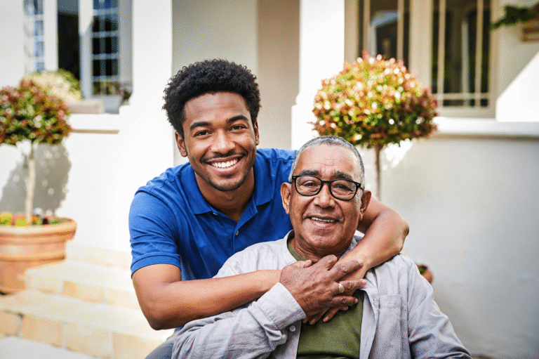 Smiling caregiver embracing elderly man from behind on porch